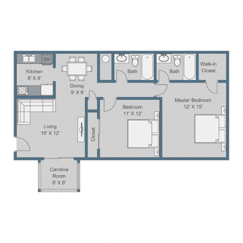 Floor plan for 2 beds, 2 baths, 1035 sqft